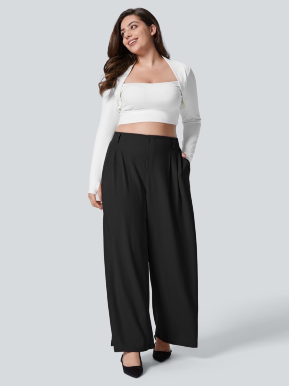 HALARA Black High Waisted Pocket Wide Leg Waffle Work Plus Size Pants